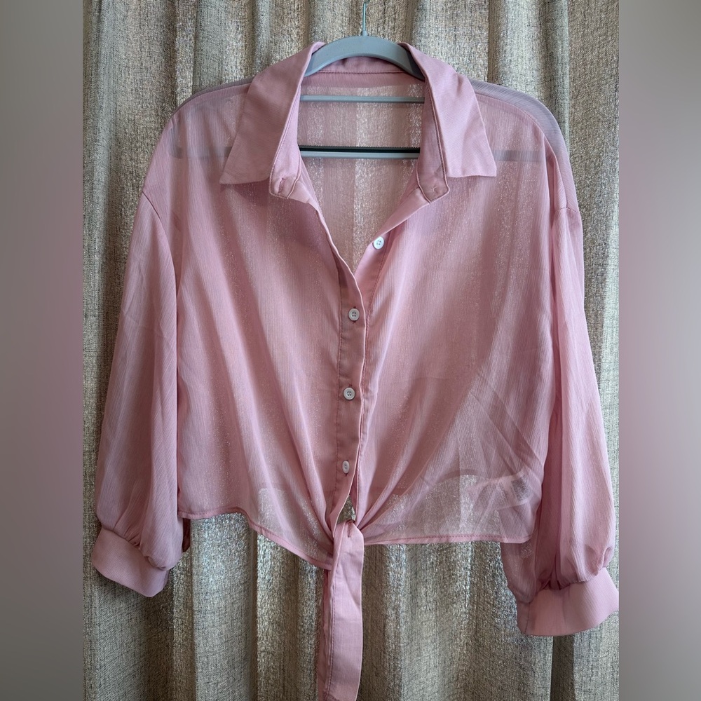SHEIN Light Pink Sheer Tie-Front Blouse